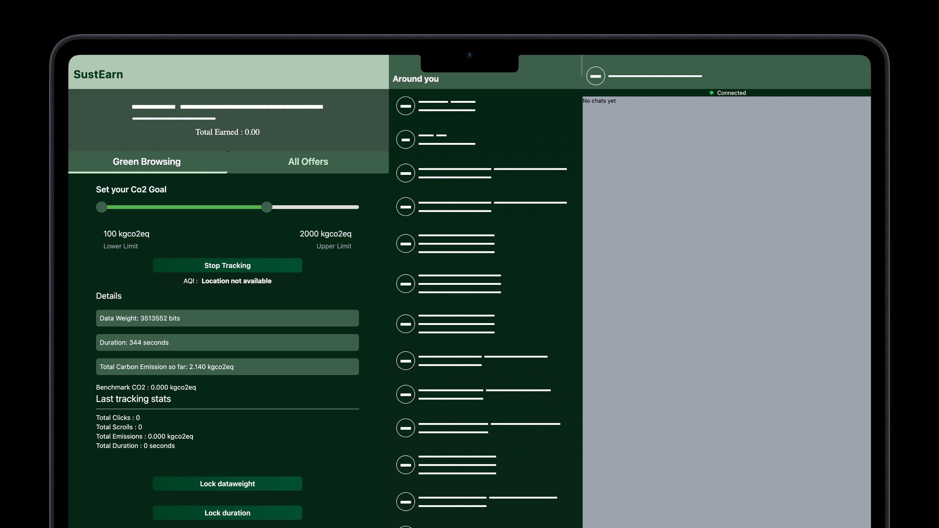 Image featuring a laptop with the SustEarn Chrome browser extension open, displaying the extension's UI.