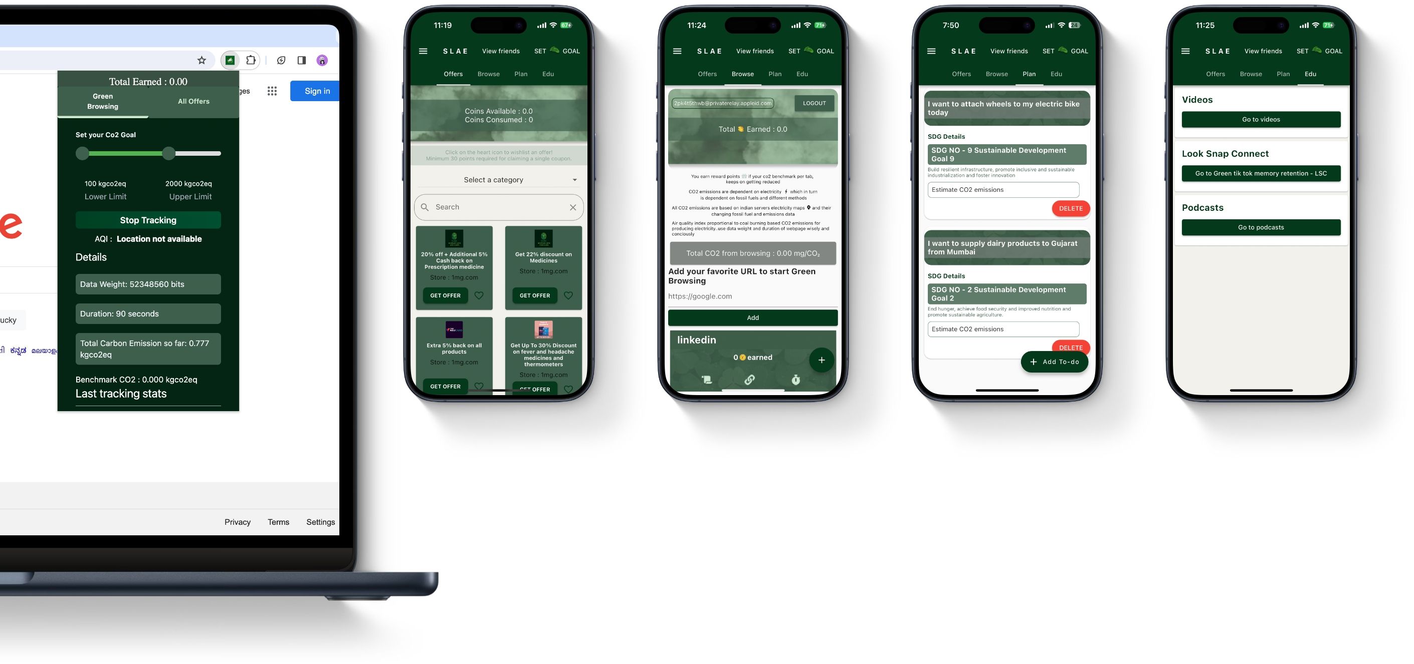 Image featuring a laptop on the left side with the SustEarn Chrome extension open. On the right side, four mobile phones display the 'Offers' tab, the 'Browse' tab, the 'Plan' tab, and the 'Edu' tab within the SustEarn App.